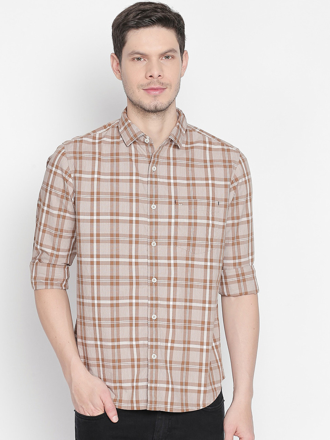 

Basics Men Brown Slim Fit Checked Casual Shirt