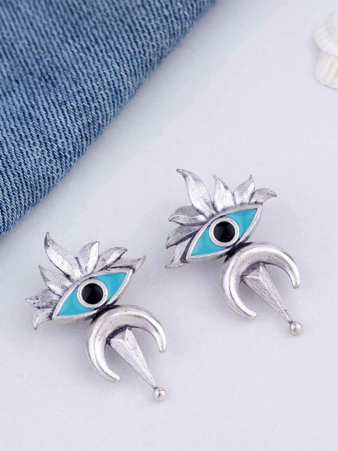 

Voylla Silver-Toned Evil Eyes Inverted Crescent Studs