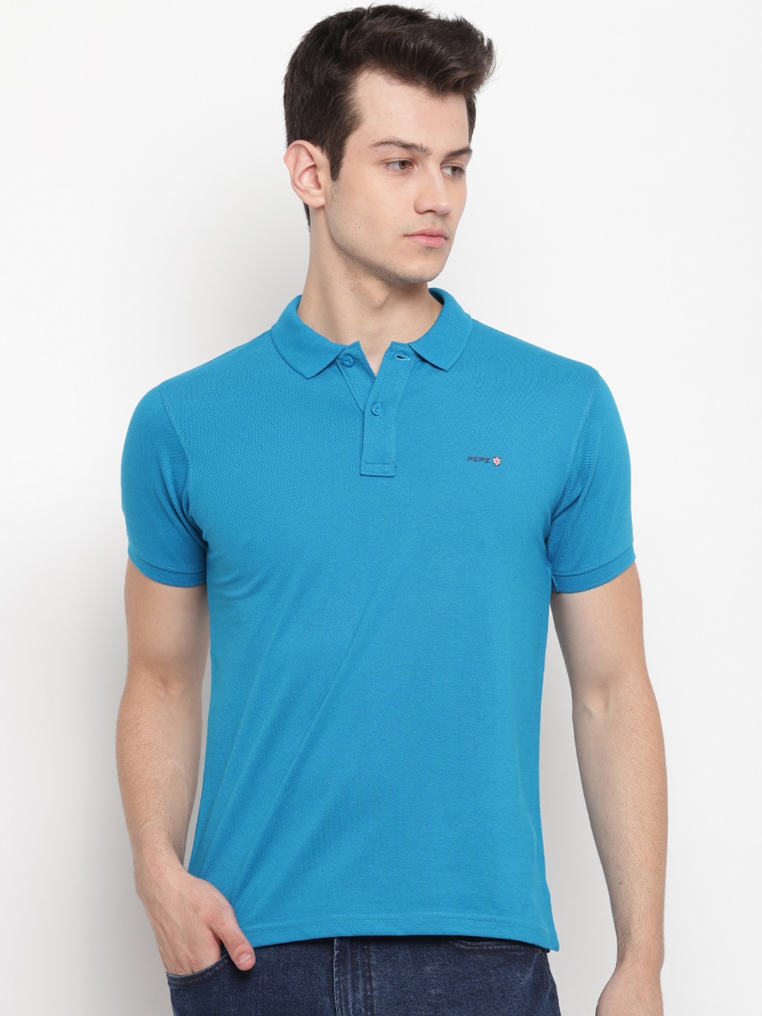 

Pepe Jeans Men Blue Solid Polo Collar T-shirt