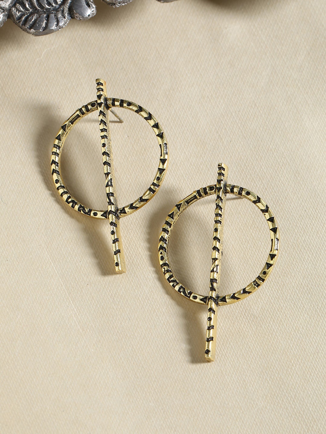 

Voylla Black Gold-Plated Circular Drop Earrings