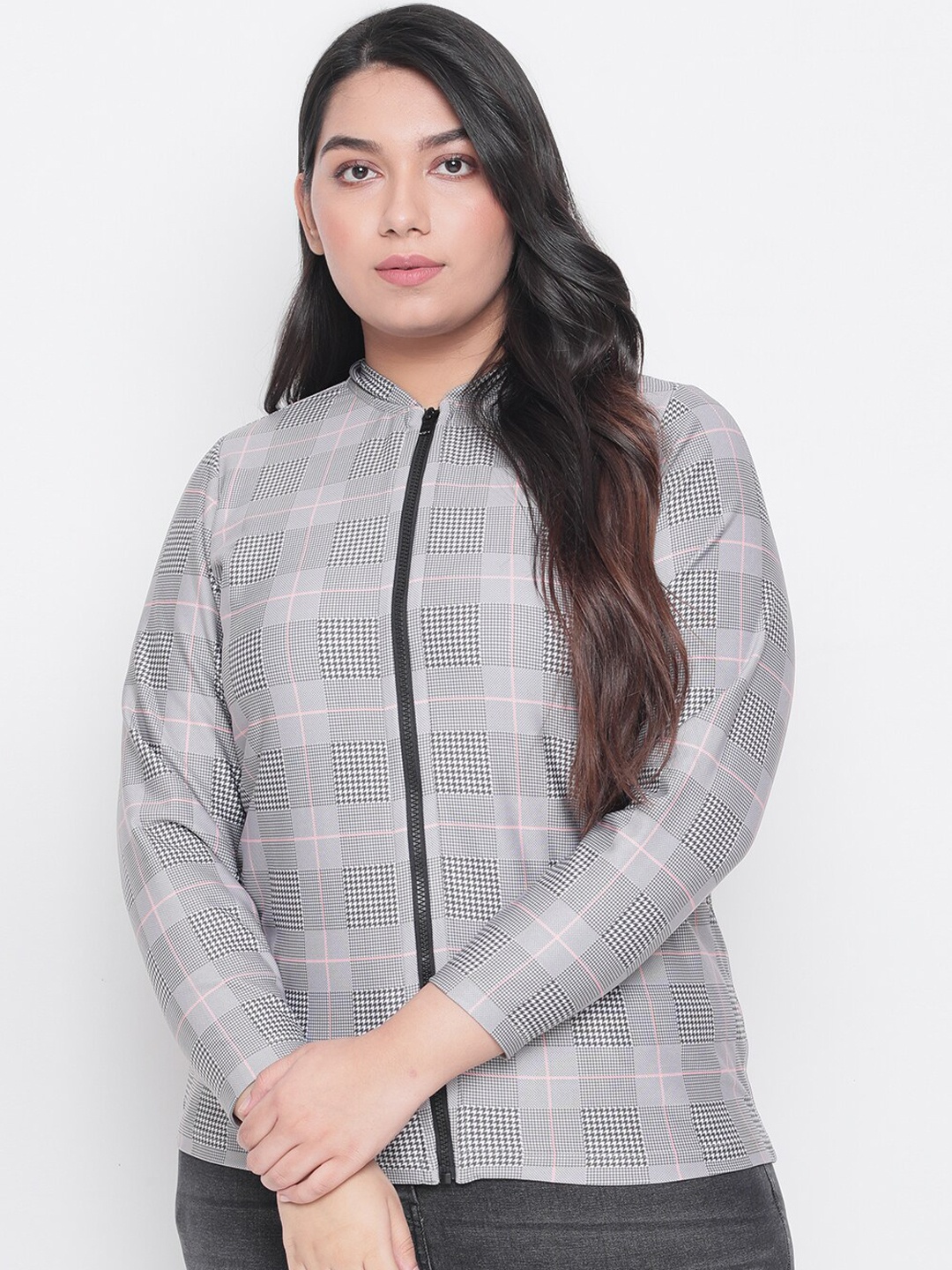 

Amydus Women Plus Size Grey Checked Bomber Jacket