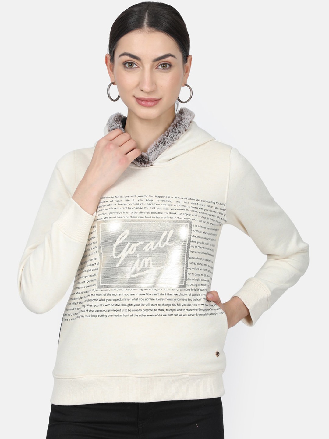 

Monte Carlo Women White Printed Hooded Sweatshirt
