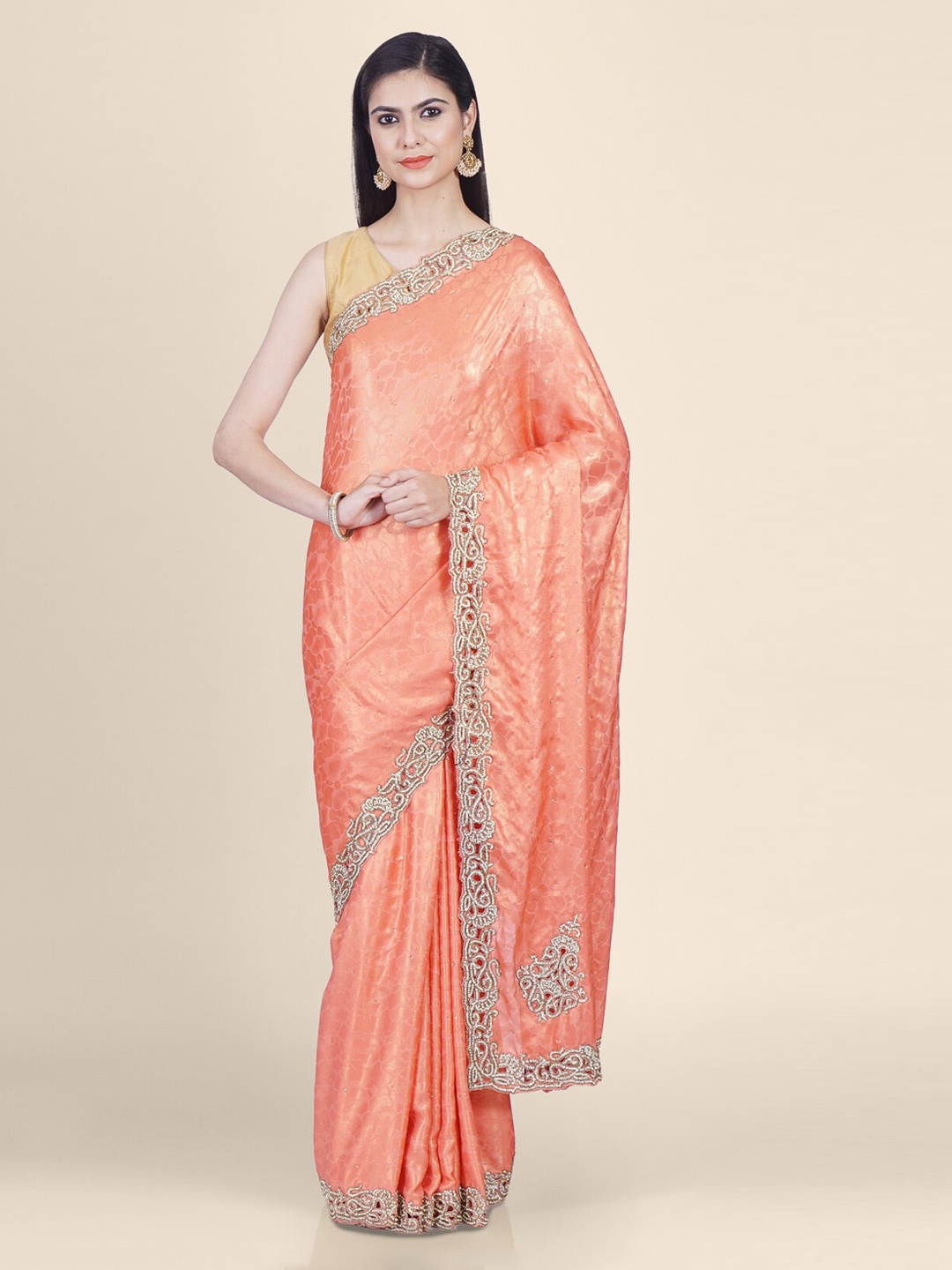Hastakala Orange Printed Poly Silk Saree
