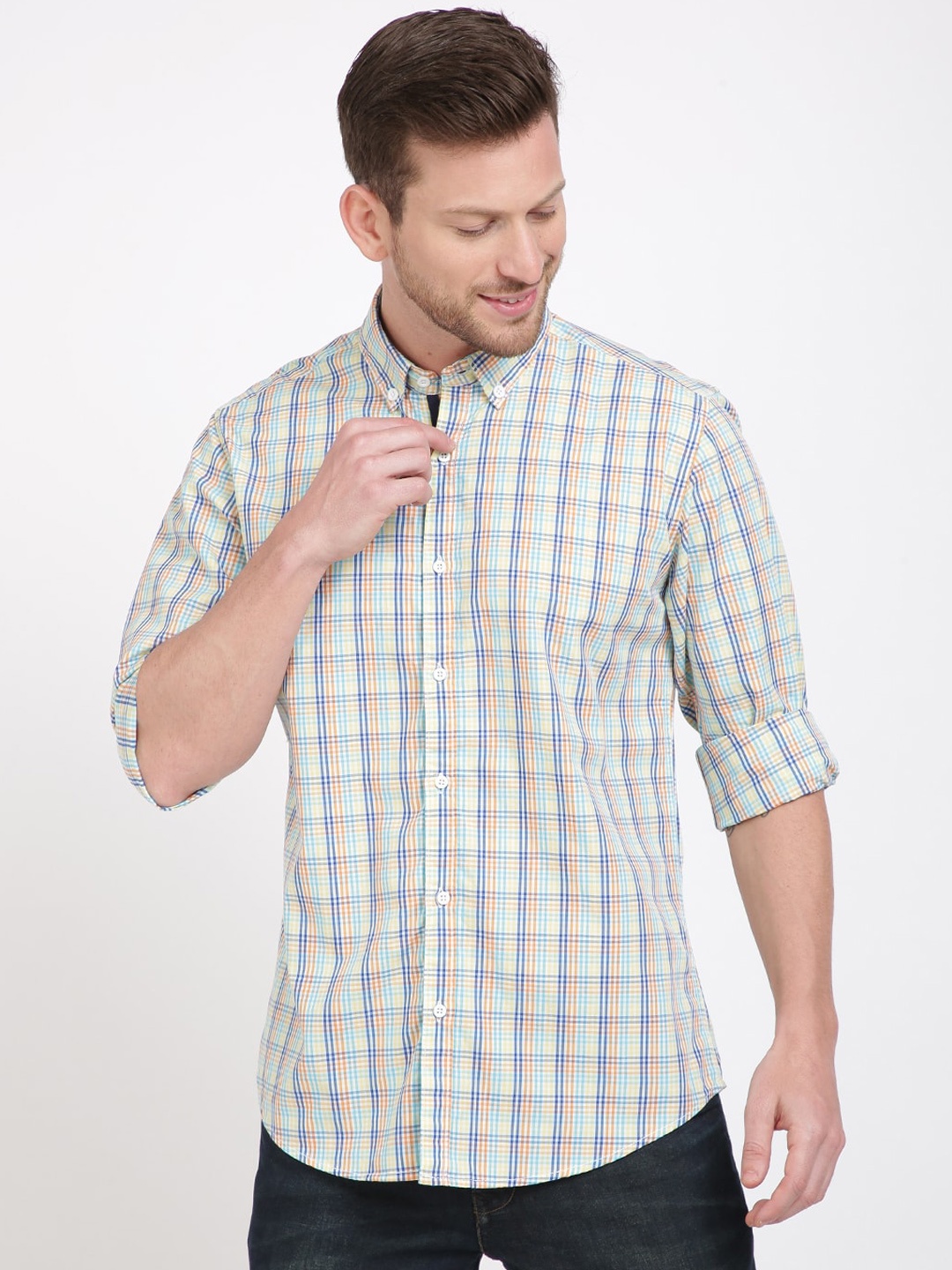 

IVOC Men Sea Green & Blue Slim Fit Checked Casual Shirt