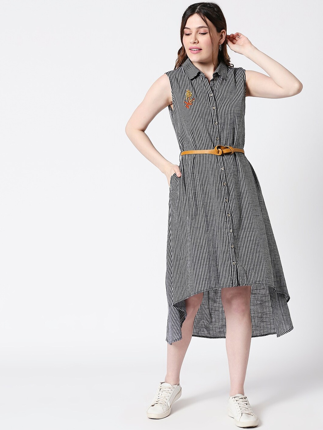 

TERQUOIS Women Black & White Striped A-Line Dress