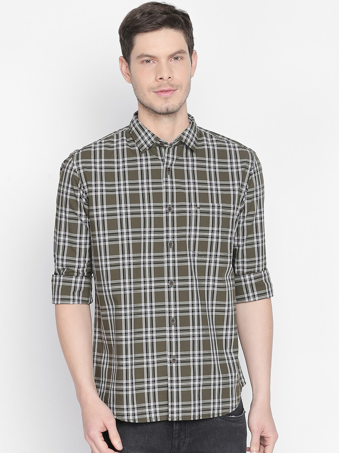 

Basics Men Olive Green & White Slim Fit Checked Casual Shirt