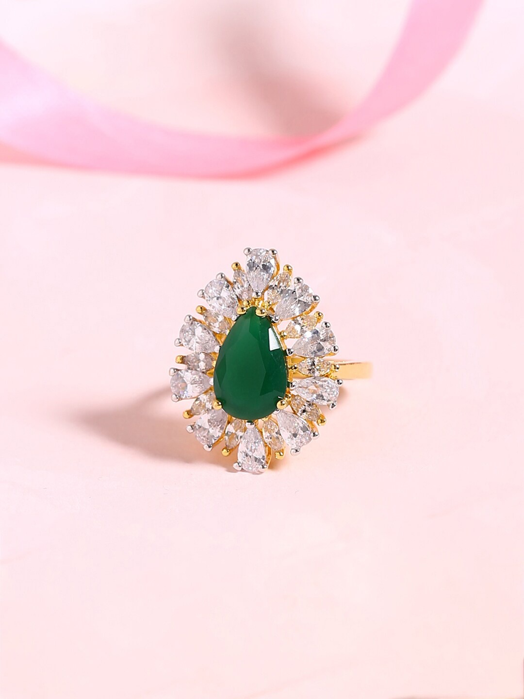 

Voylla Gold-Toned & Green CZ-Studded Finger Ring