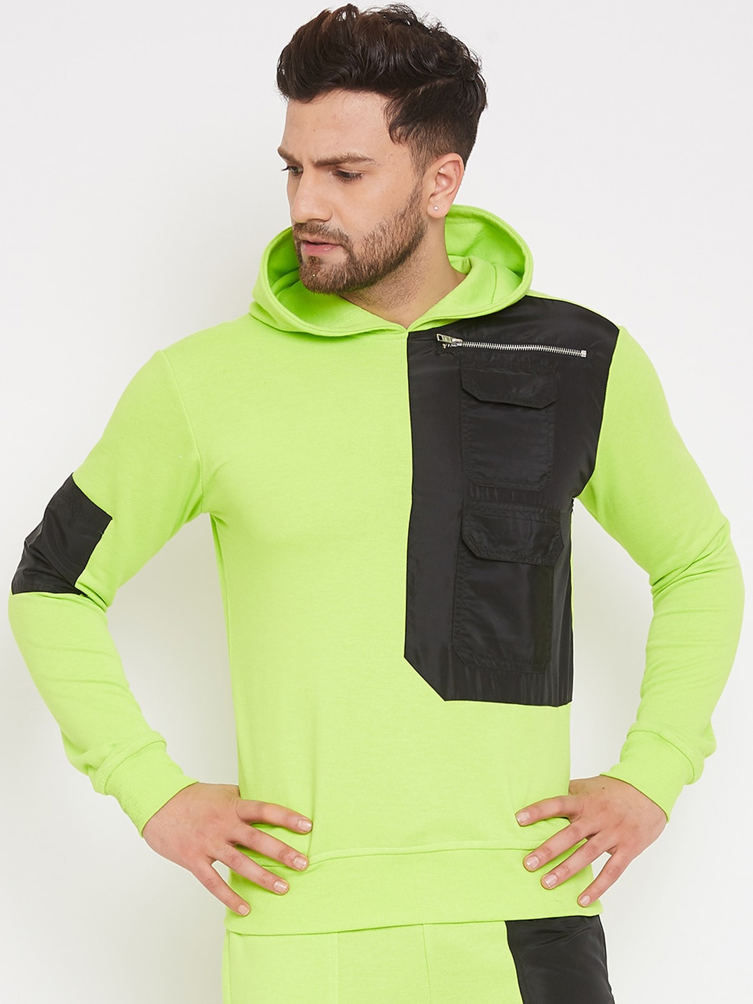 

FUGAZEE Men Fluorescent Green & Black Colourblocked Hooded Sweatshirt