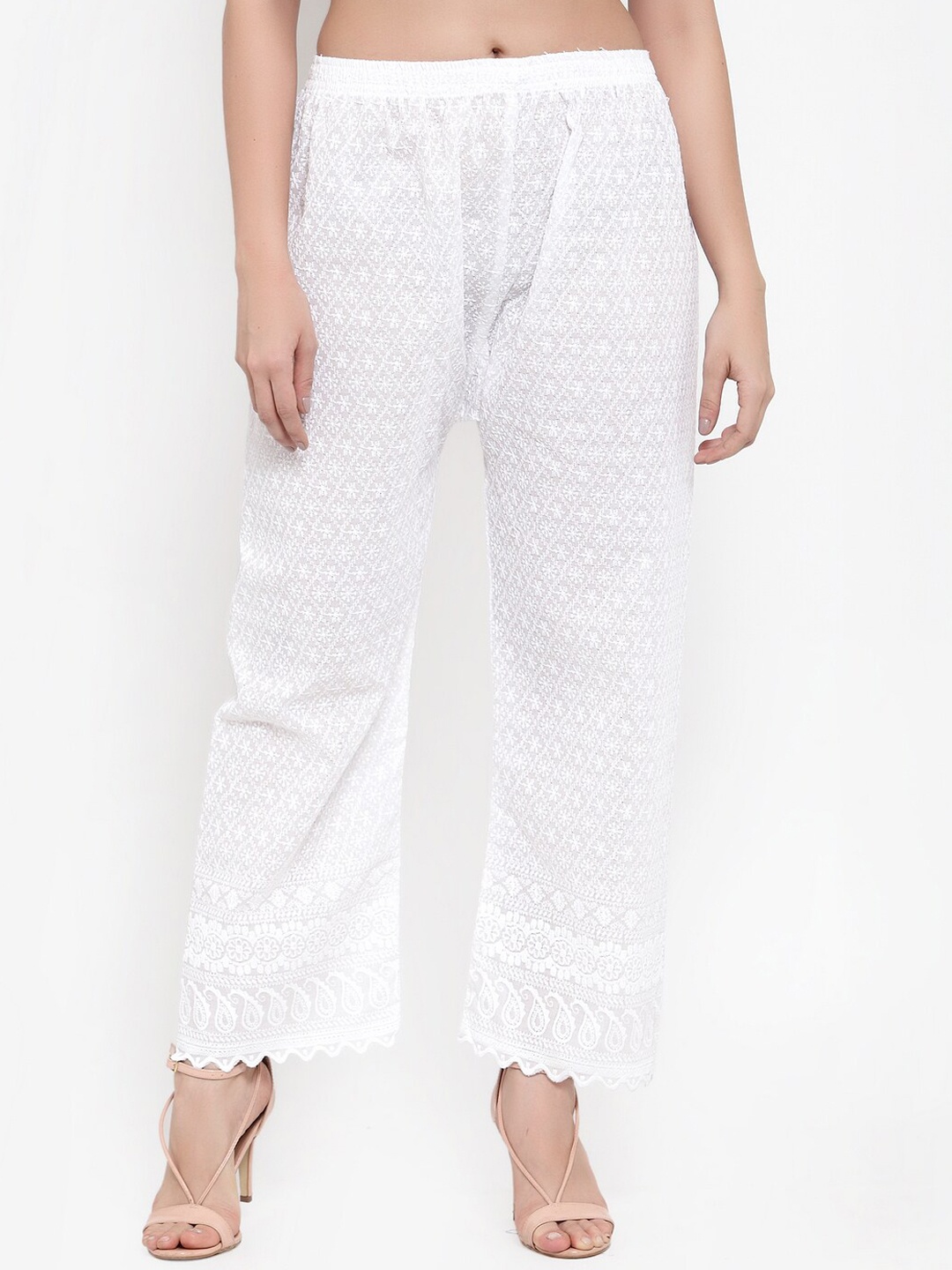 

Miaz Lifestyle Women Ethnic Motif Printed Embroidered Flared Palazzos, White