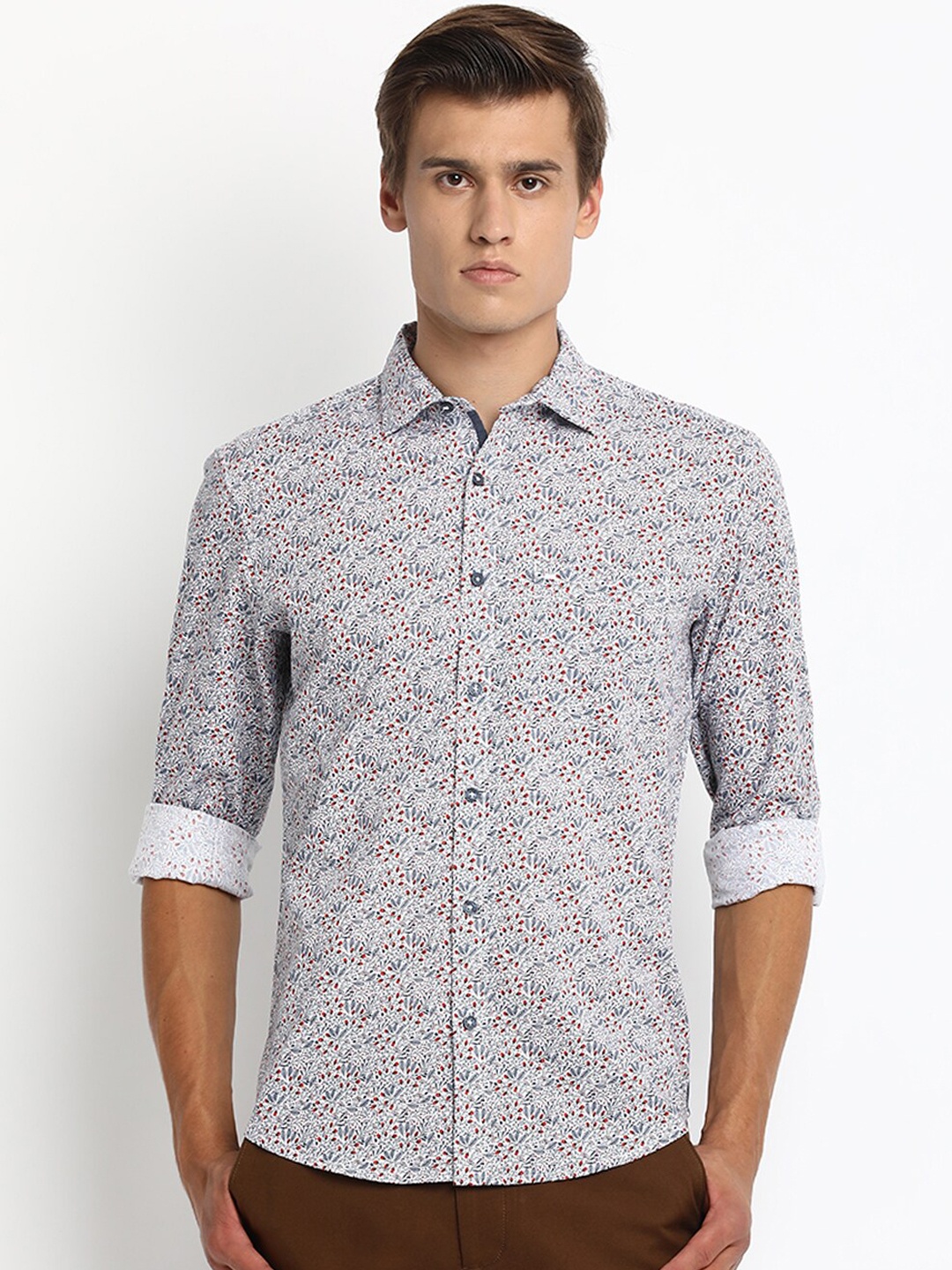 

Basics Men White & Blue Slim Fit Printed Casual Shirt