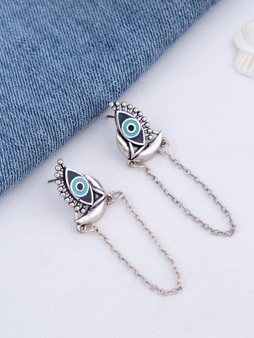 

Voylla Silver-Toned Evil Eyes Half Wing Drop Earrings