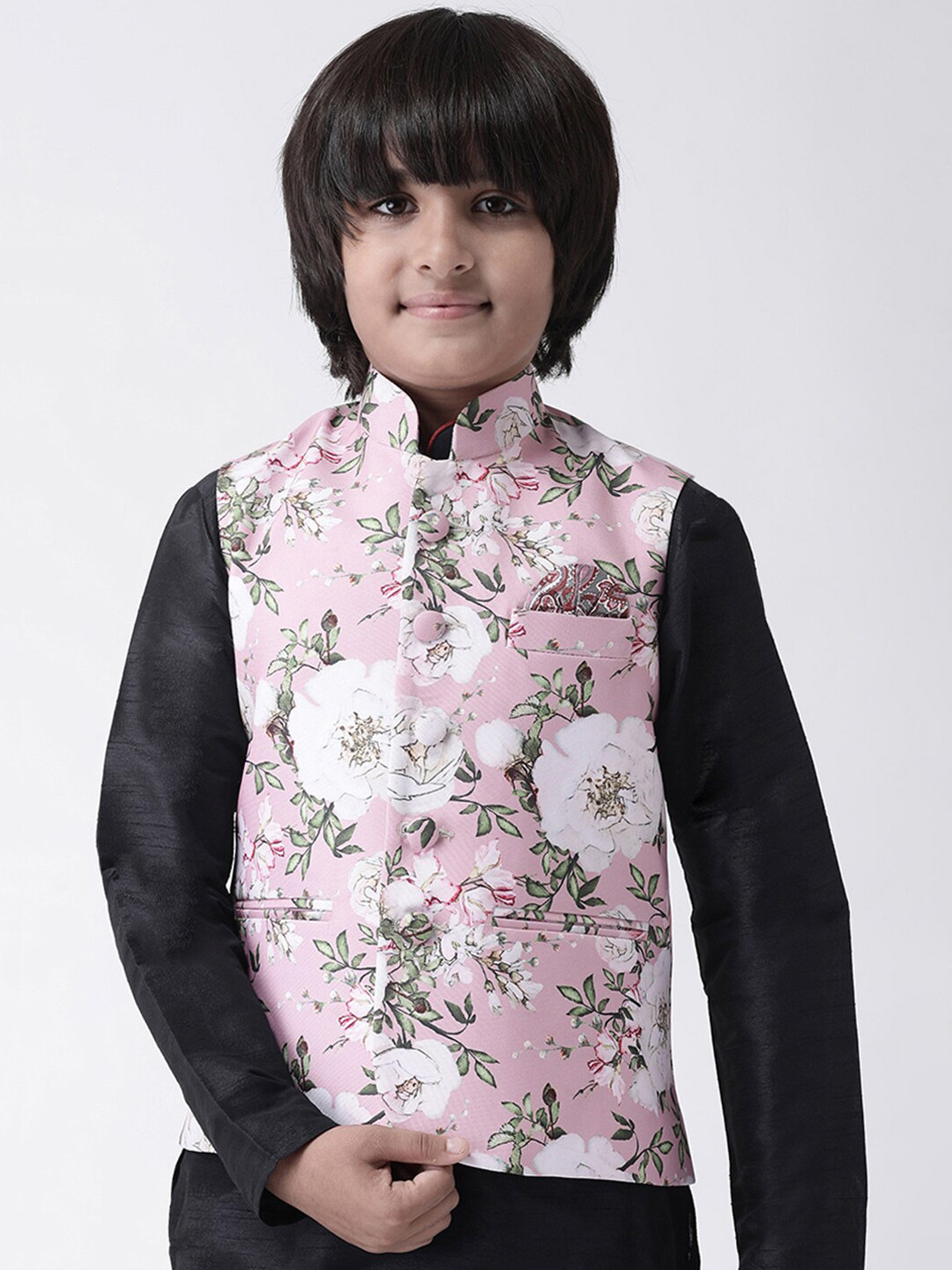 

Hangup Boys Pink & Green Printed Woven Nehru Jacket
