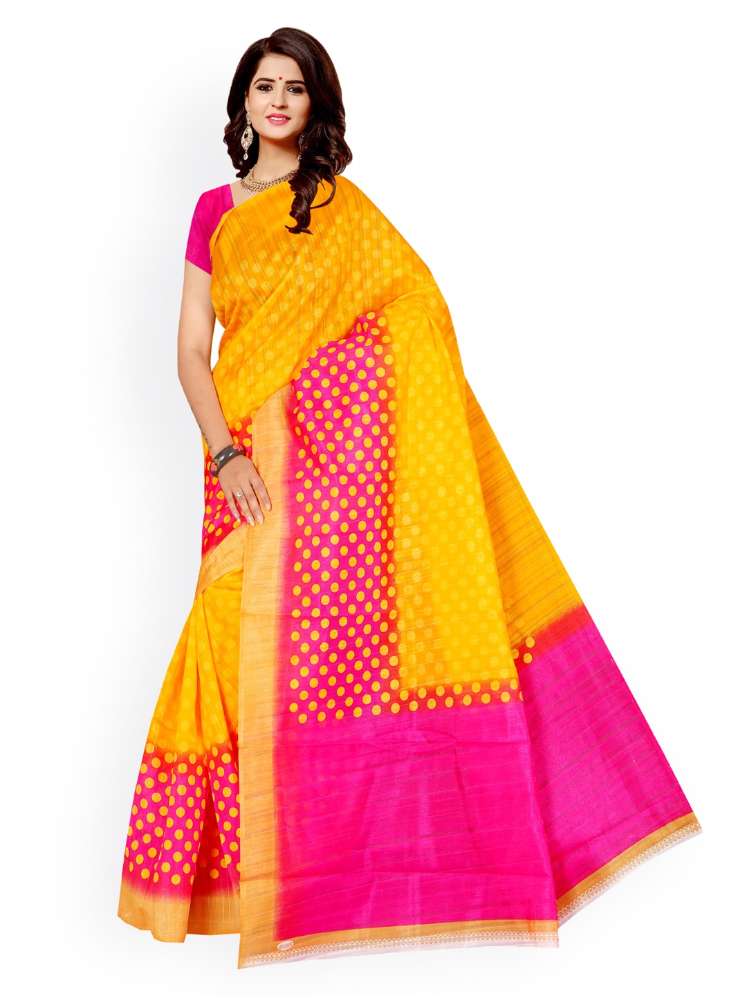 

KALINI Yellow & Pink Art Silk Printed Mysore Silk Saree