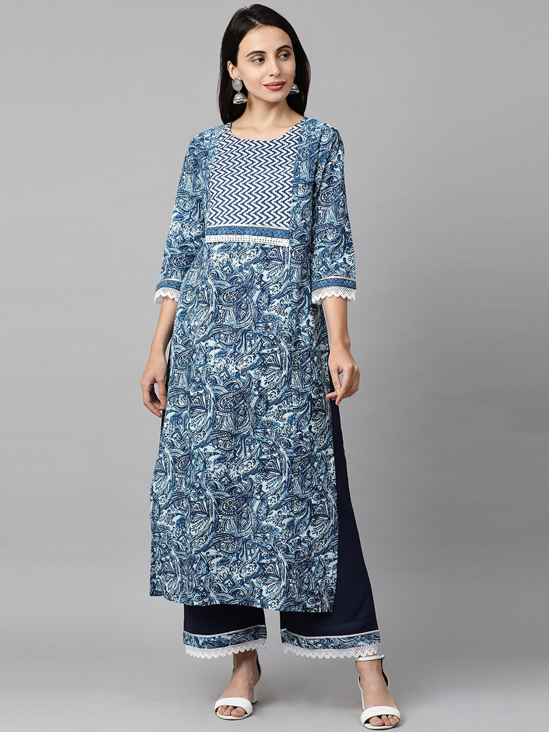 

Indo Era Women Blue & White Printed Kurta with Palazzos
