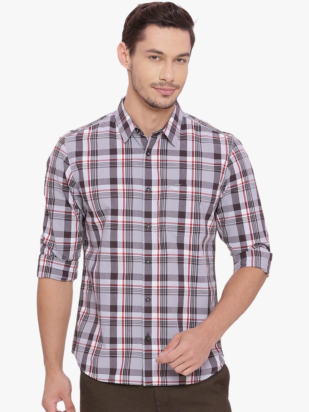 

Basics Men Green & Brown Slim Fit Checked Casual Shirt
