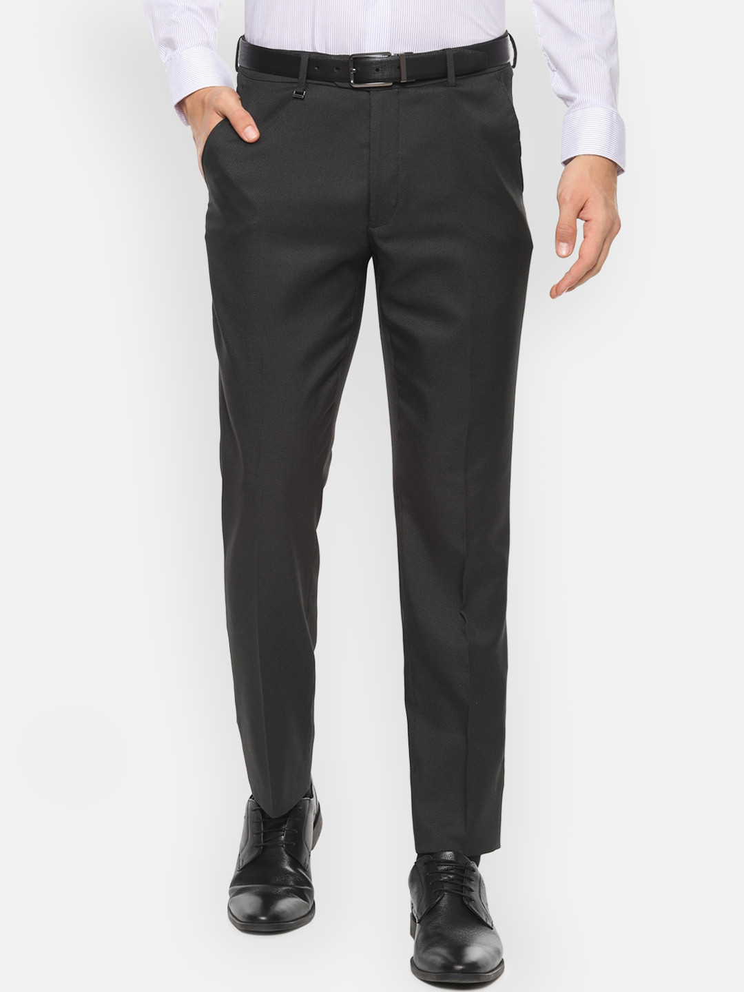 

Van Heusen Men Black Slim Fit Self Design Formal Trousers