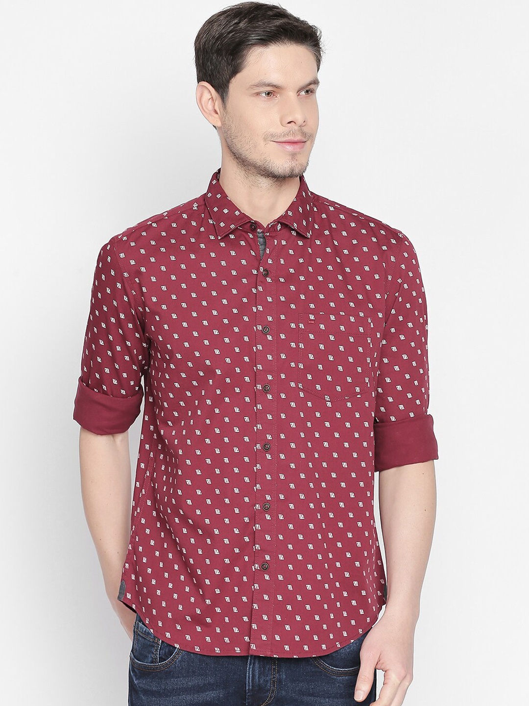 

Basics Men Maroon & White Slim Fit Printed Casual Shirt