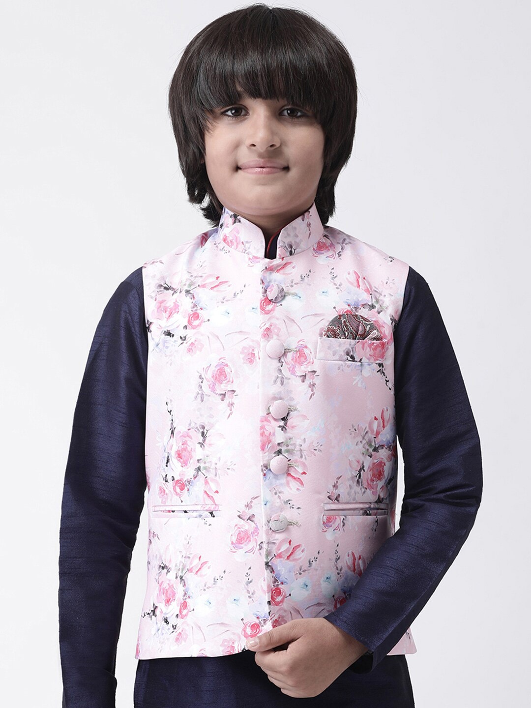 

Hangup Boys Pink & White Floral Printed Woven Nehru Jacket