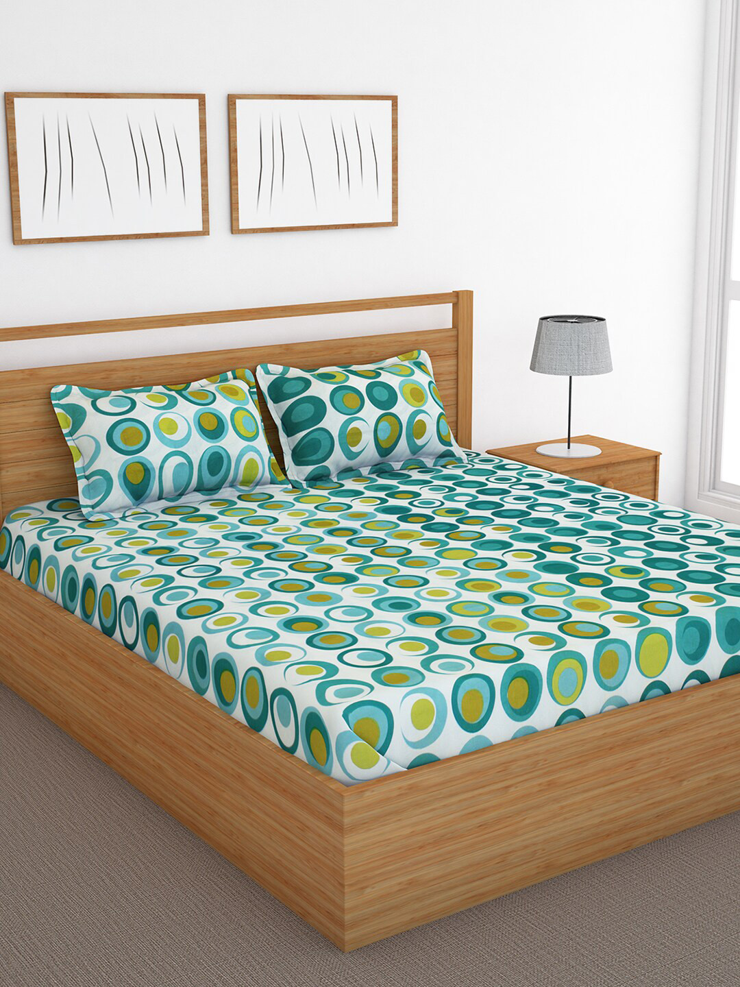 

Bedspun Teal Green & White Printed 120 TC Cotton 1 Double Queen Bedsheet With 2 Pillow Covers