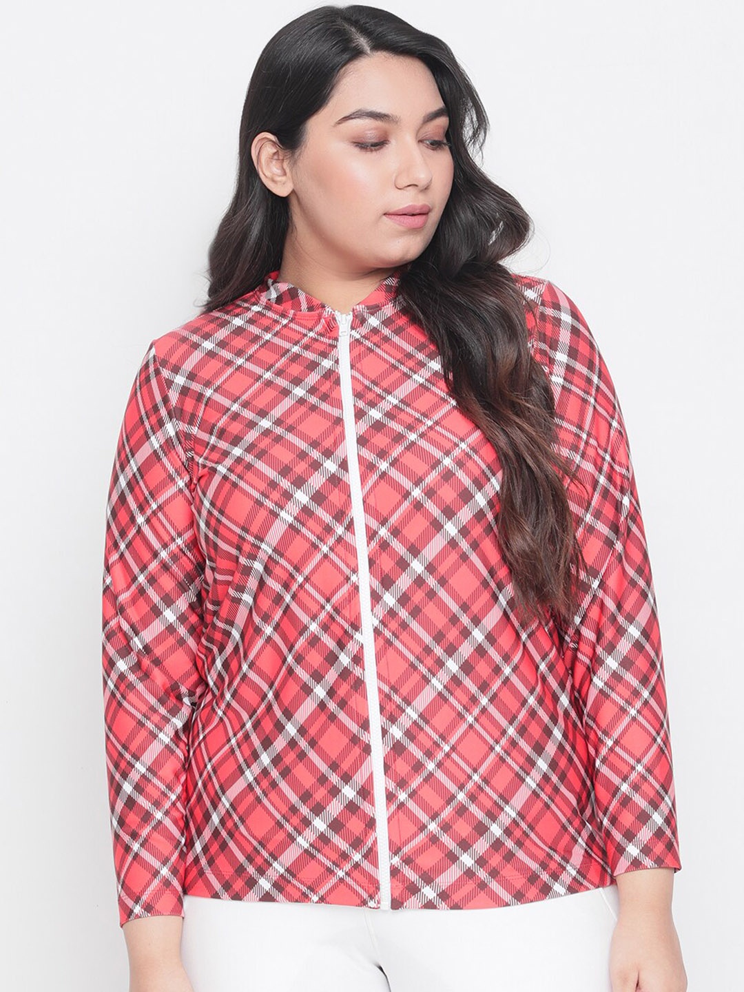 

Amydus Women Plus Size Red Checked Bomber Jacket