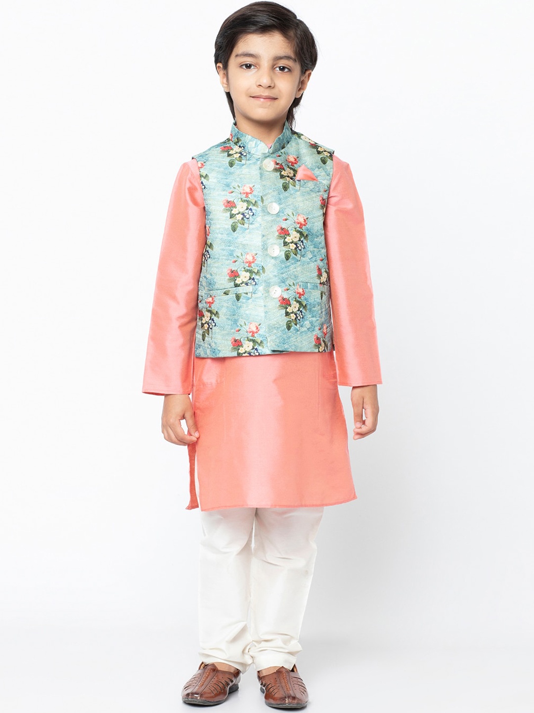 

KISAH Boys Pink & Off-White Solid Kurta Jacket Set