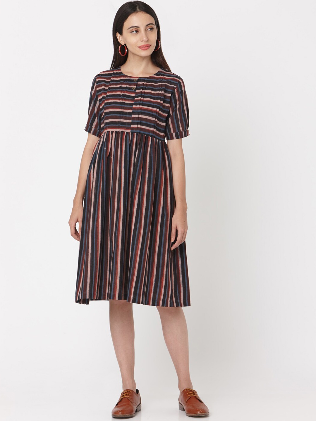 

Saanjh Women Multicoloured Striped Fit and Flare Dress, Multi