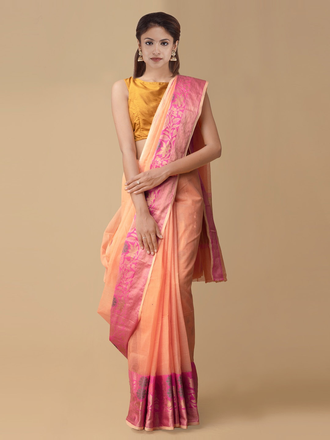 

Unnati Silks Pink & Orange Silk Cotton Solid Kota Saree