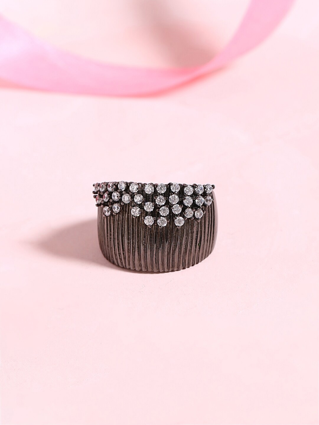 

Voylla Rhodium-Plated Black & White CZ-Studded Finger Ring