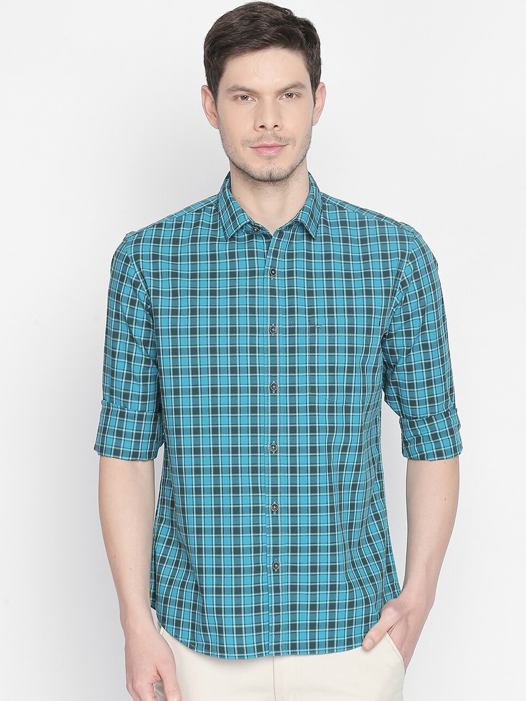

Basics Men Turquoise Blue Slim Fit Checked Casual Shirt