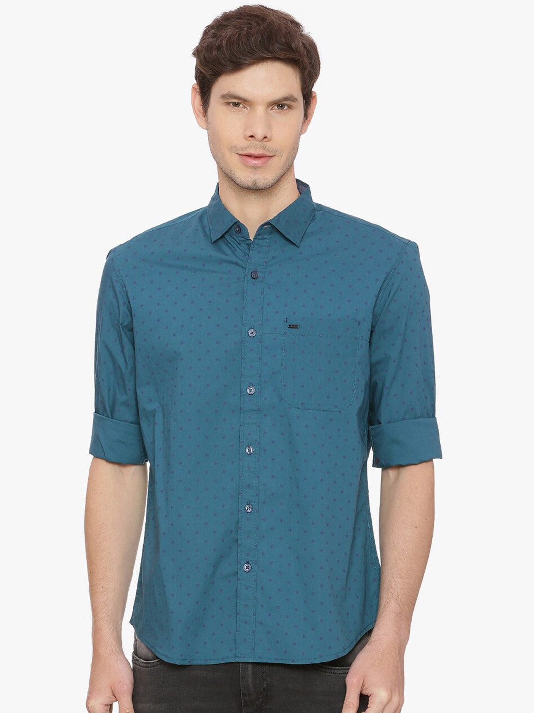 

Basics Men Teal Blue & Purple Slim Fit Floral Print Casual Shirt
