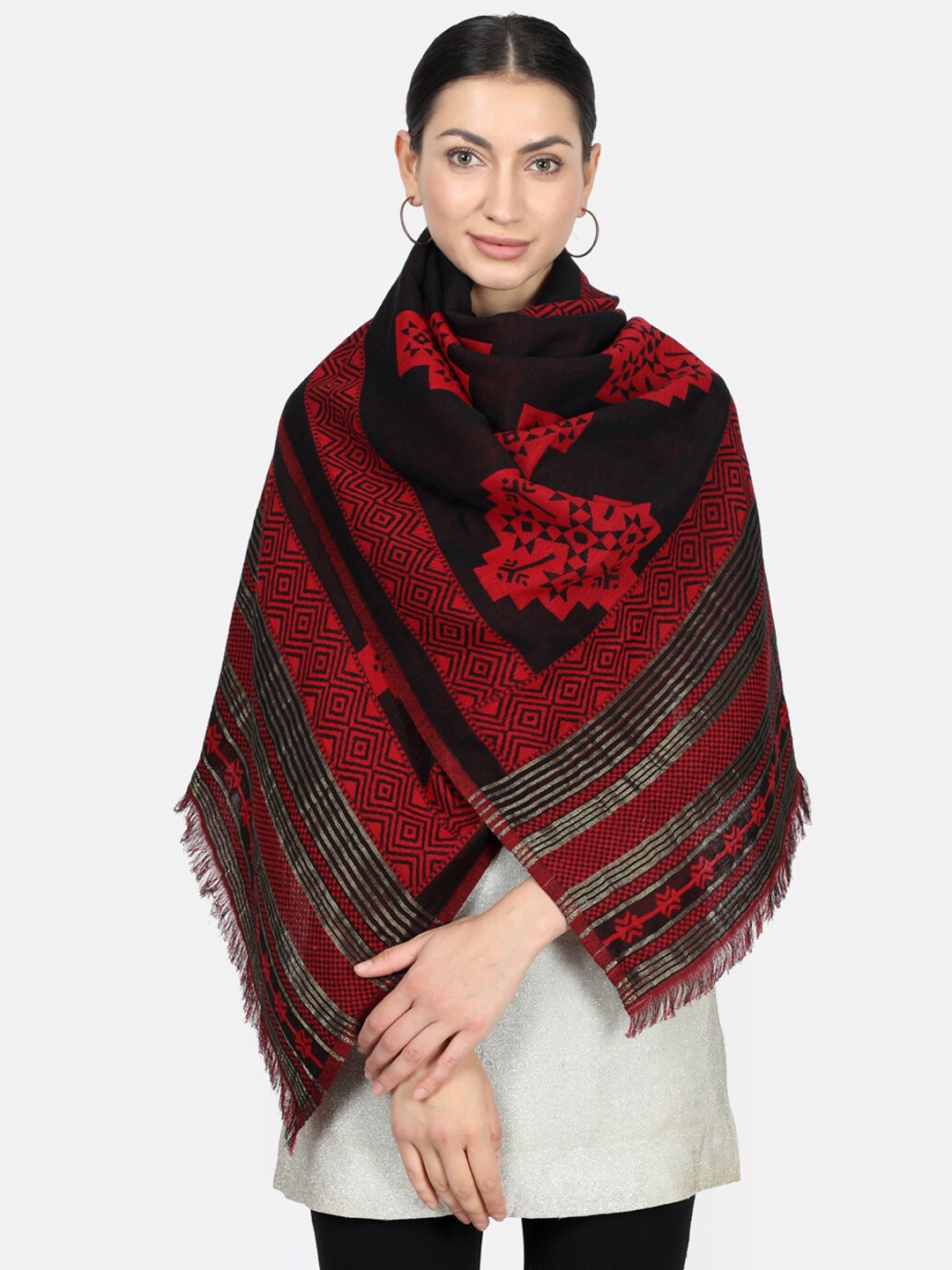 

Monte Carlo Women Black & Red Geometric Printed Stole, Grey