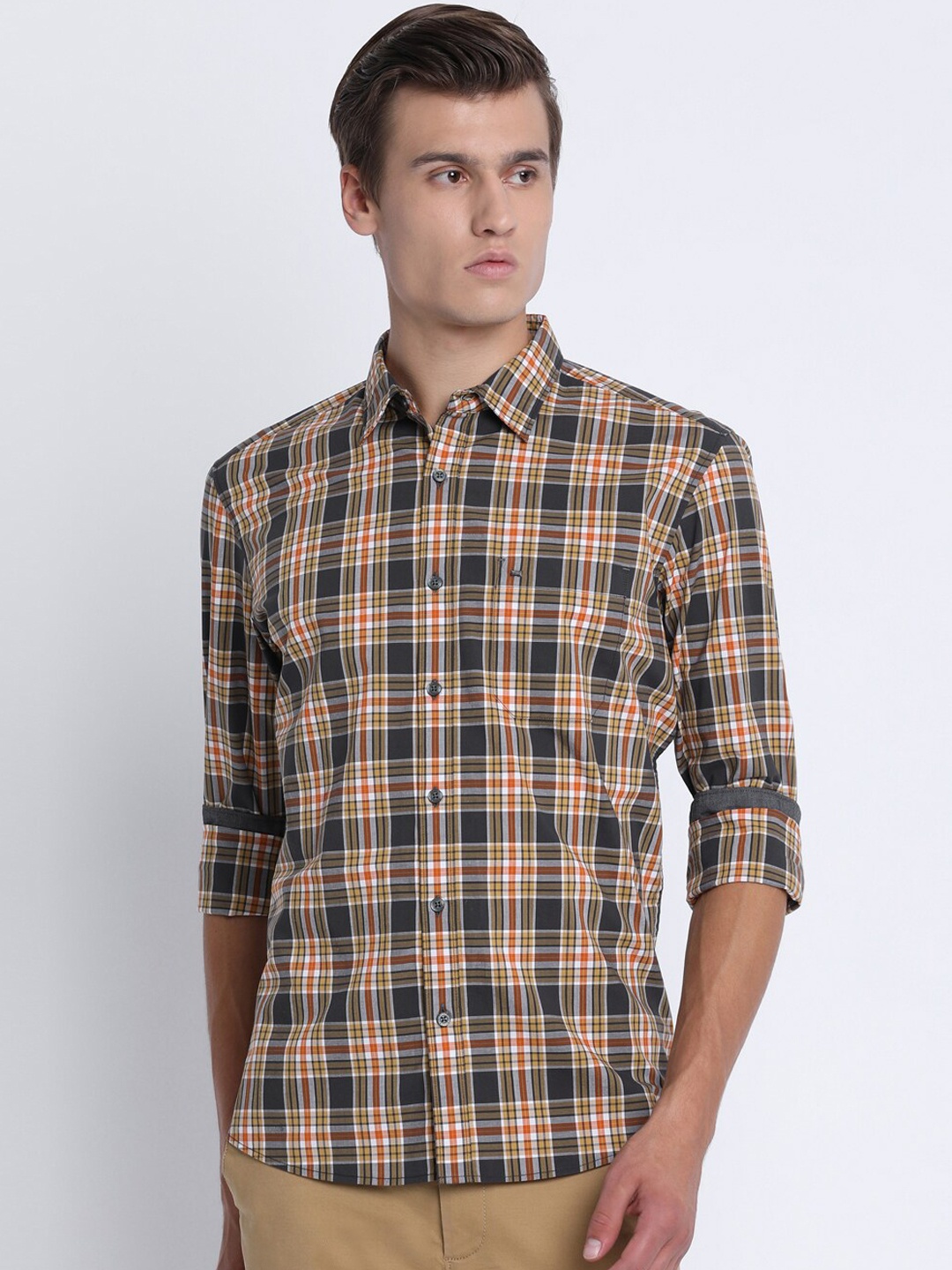 

Basics Men Grey & Yellow Slim Fit Checked Casual Shirt