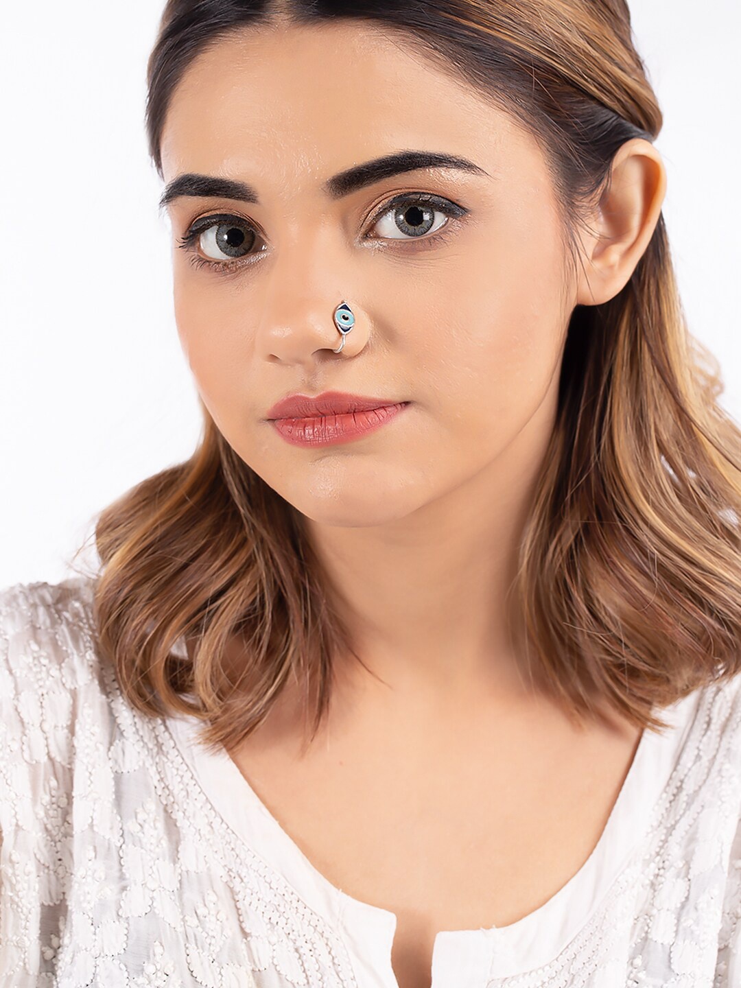 

Voylla Women Silver Evil Eyes Aztec Motif Nose Pin