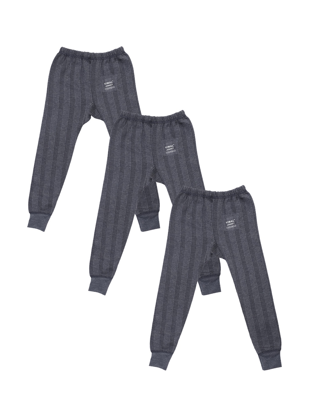 VIMAL JONNEY Unisex Kids Pack of 3 Grey Striped Thermal Bottoms
