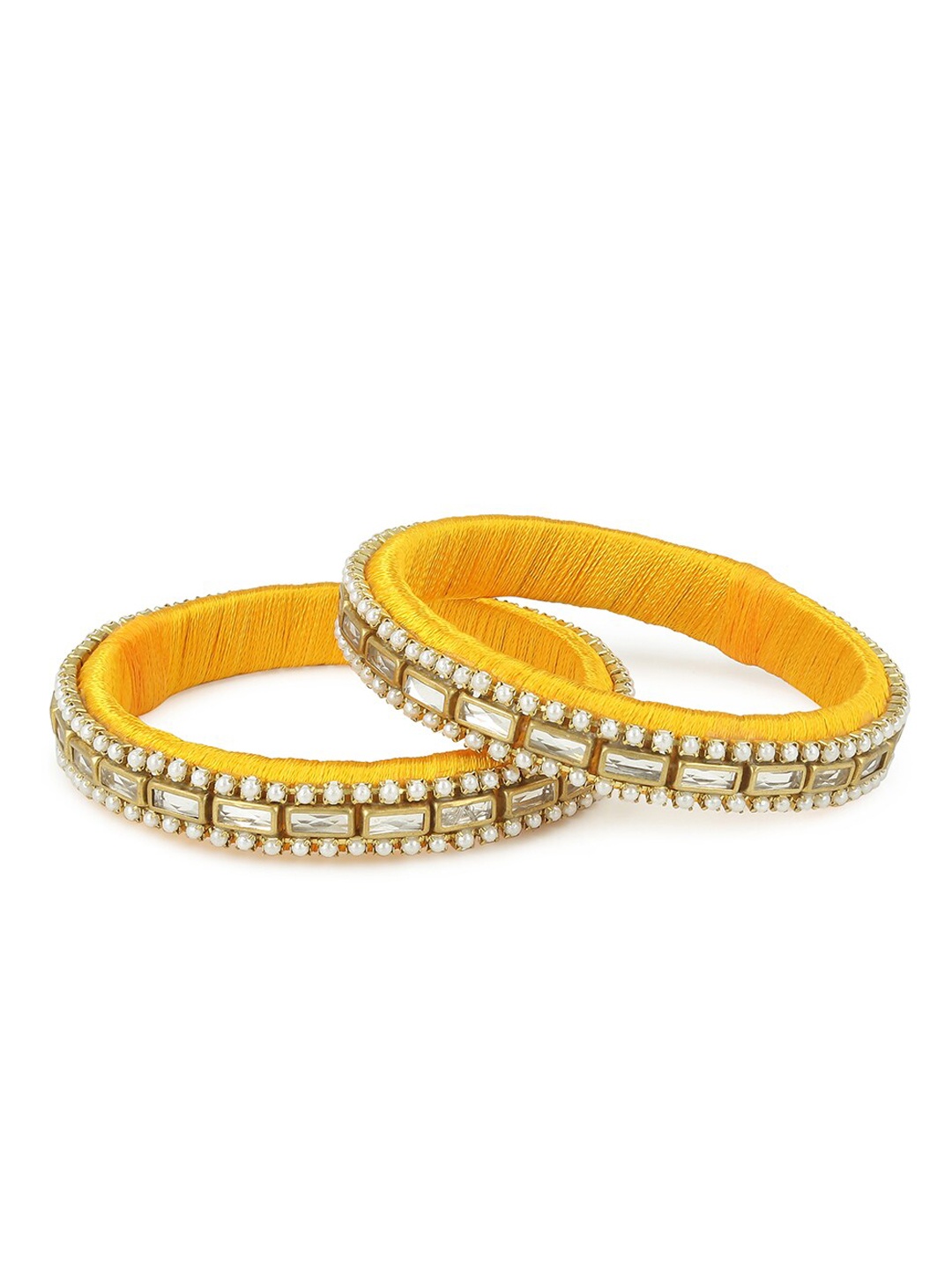

AKSHARA Women Yellow Stone-Studded Handcrafted Silk Thread Bangles, Gold