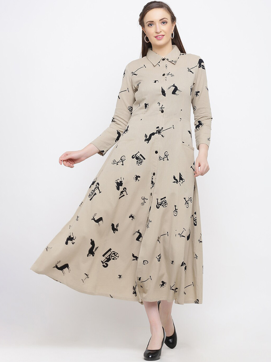 

Indian Virasat Women Beige & Black Printed Fit and Flare Dress