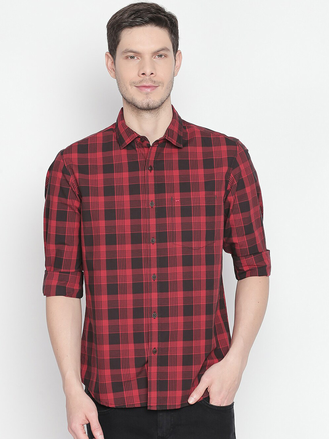 

Basics Men Red & Black Slim Fit Checked Casual Shirt