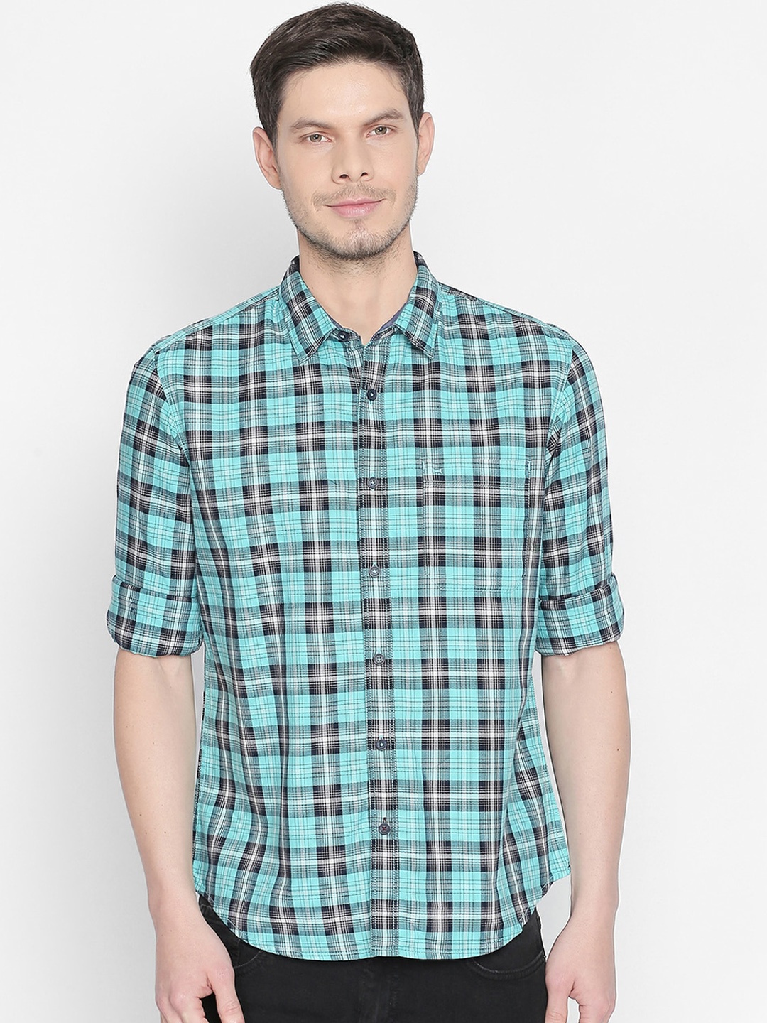 

Basics Men Green & Black Slim Fit Checked Casual Shirt