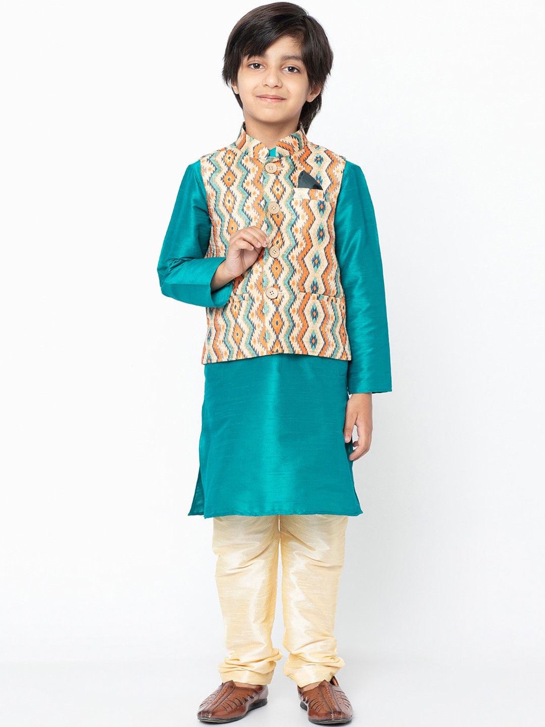 

KISAH Boys Blue & Beige Solid Kurta with Churidar & Nehru Jacket