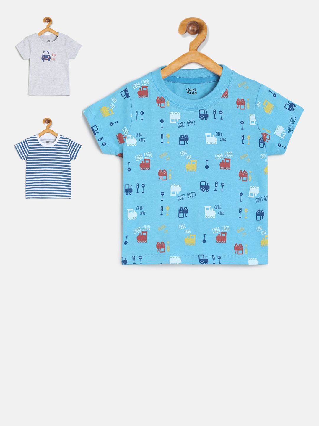 

MINI KLUB Girls Pack Of 3 Blue Printed Round Neck Pure Cotton T-shirts