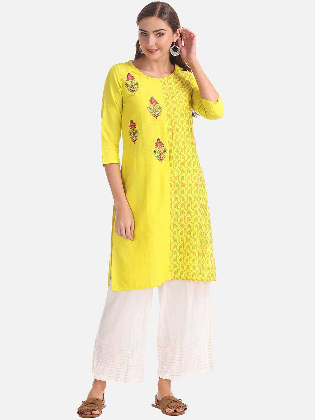 Karigari Women Yellow Embroidered Straight Kurta