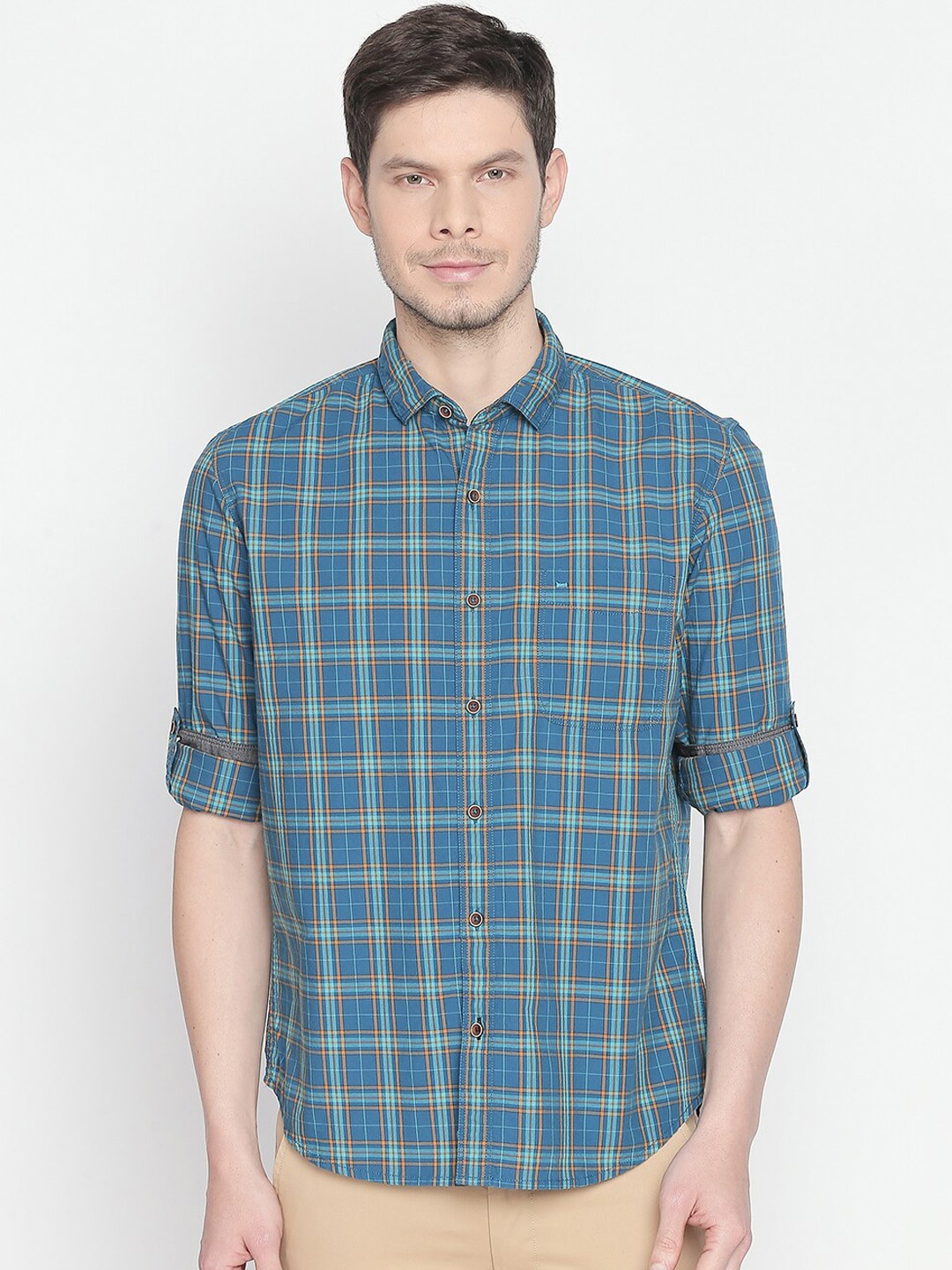 

Basics Men Blue Slim Fit Checked Casual Shirt