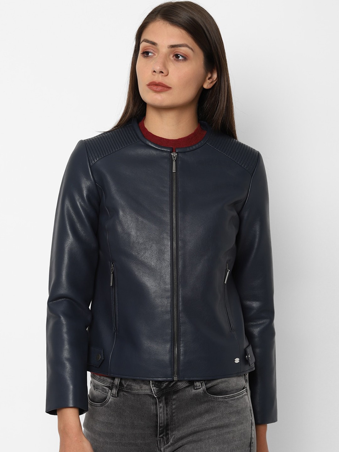 

Allen Solly Woman Women Navy Blue Solid Biker Jacket