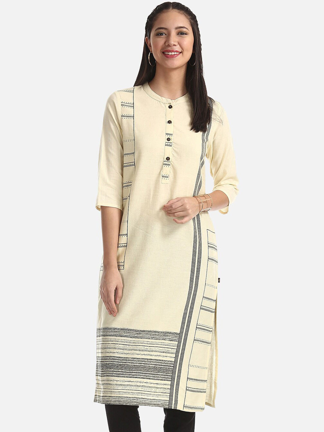 

Karigari Women Cream-Coloured Striped Straight Kurta