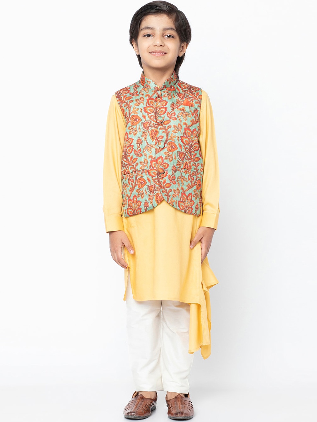 KISAH Boys Orange & Green Self Design Kurti with Churidar