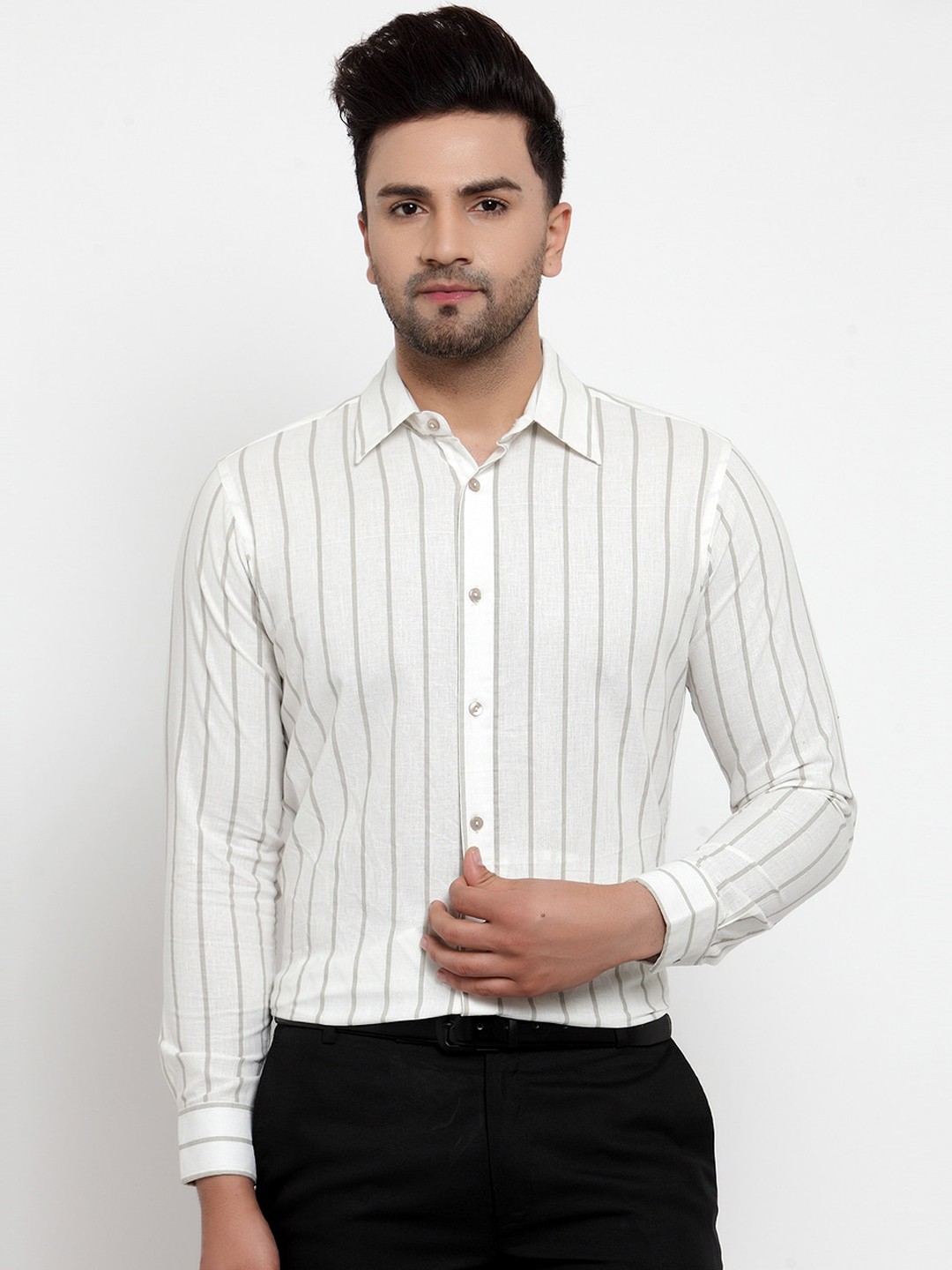 

Purple State Men White & Grey Slim Fit Striped Formal Shirt