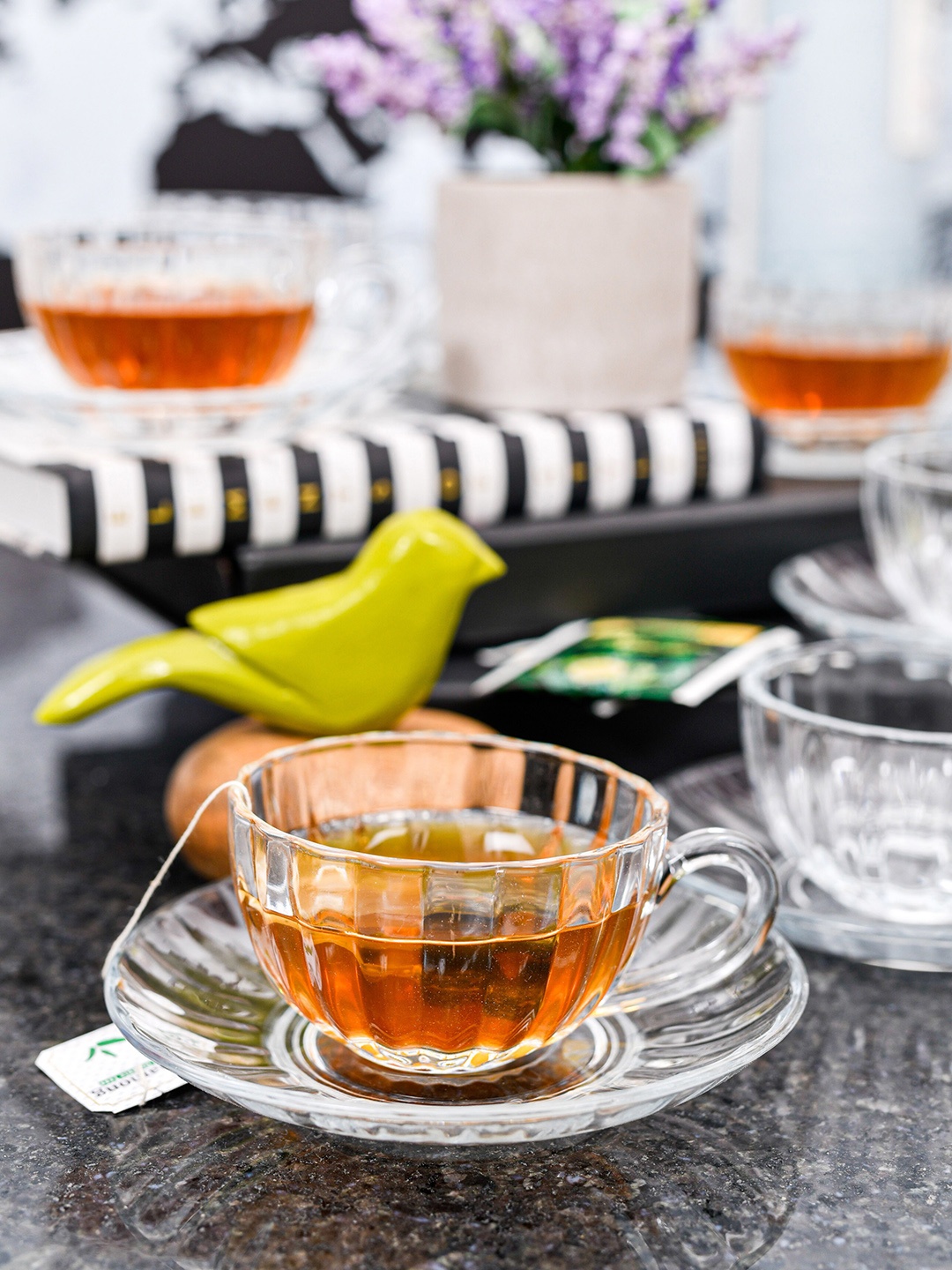 

GOODHOMES Set of 6 Transparent Solid Glass Cups & Saucers