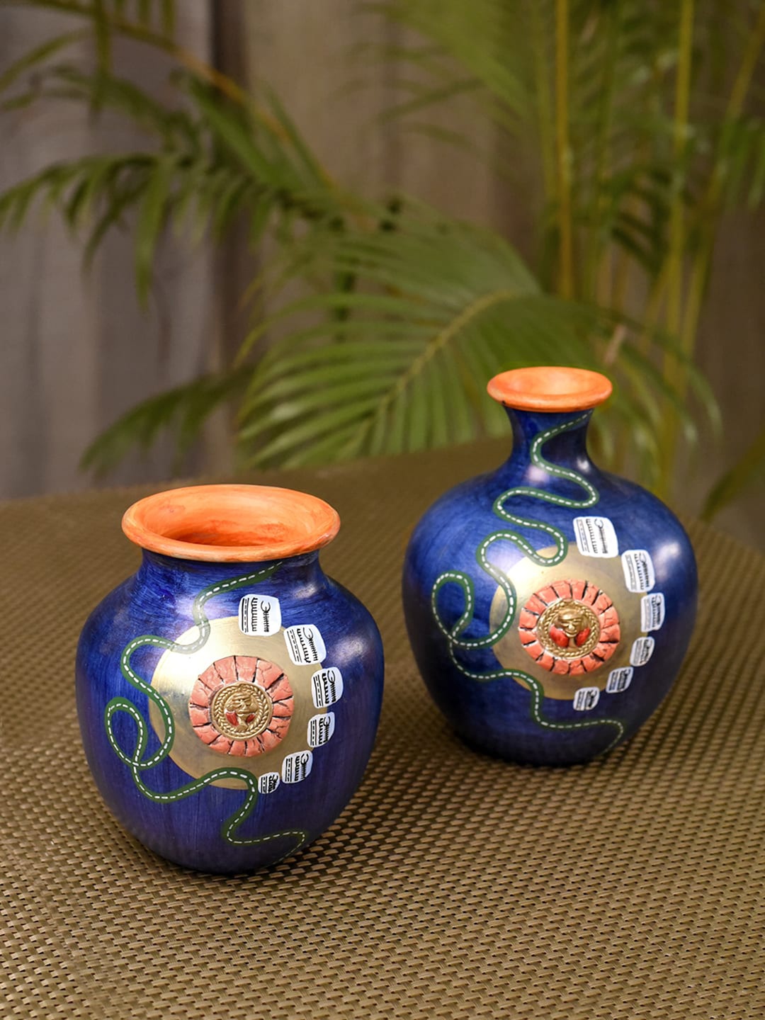 

Unravel India Set of 2 Blue & Orange Worli Hand-Painted Terracotta Flower Vases