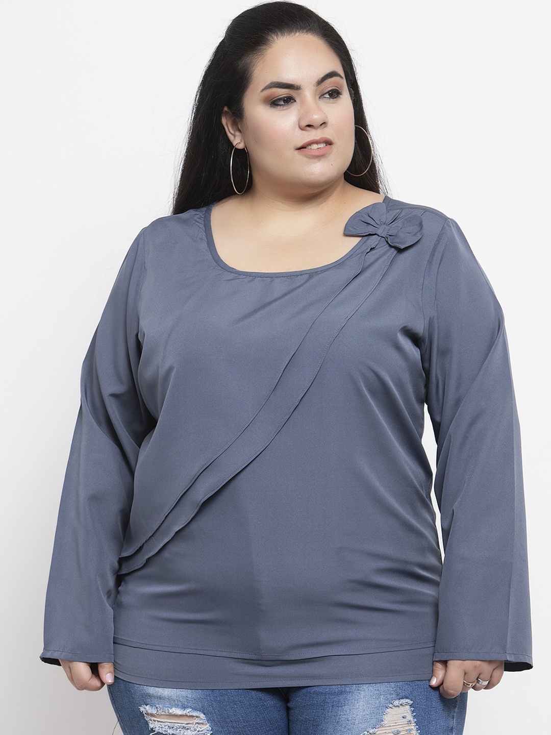 

Flambeur Women Plus Size Grey Solid Top