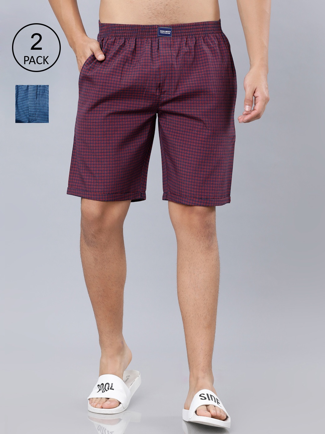 

HIGHLANDER Men Pack of 2 Navy Blue & Red Checked Lounge Shorts